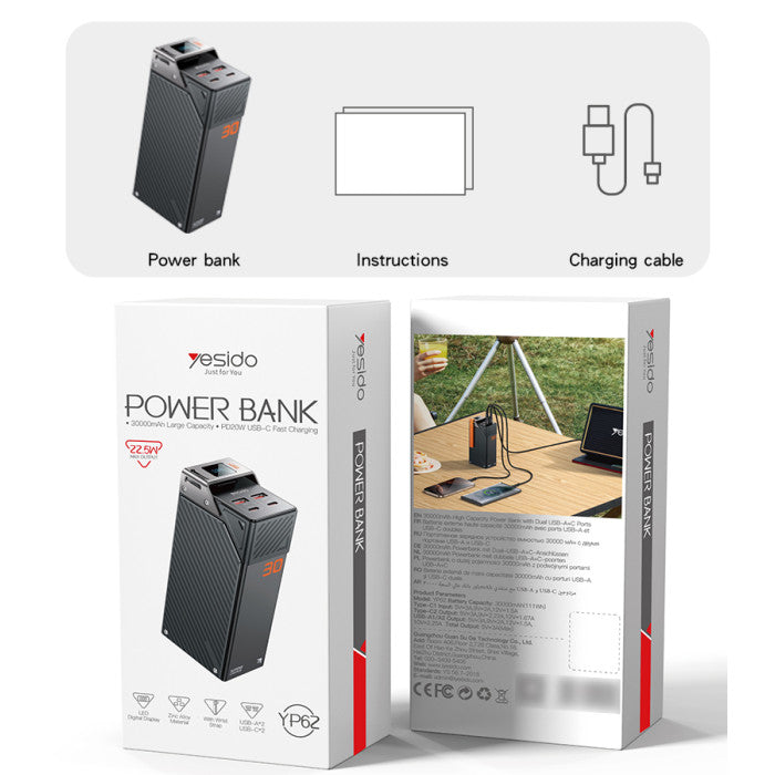 Yesido YP62 30000mAh Power Bank | 22.5W Fast Charging | PD 20W | LED Display | Multi-Port