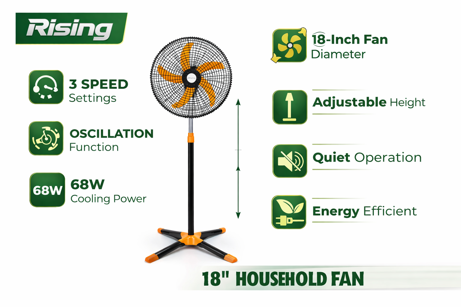 Rising 18" Household Stand Fan – 3 Speed Oscillating Cooling Fan with Adjustable Height (68W)