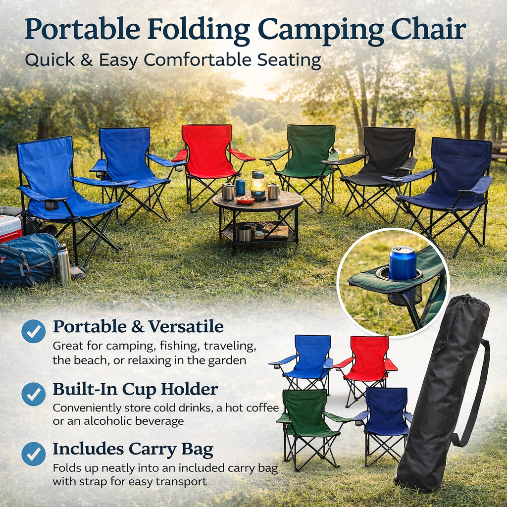 Portable Folding Camping Chair (Random Colour) with Cup Holder & Carry Bag