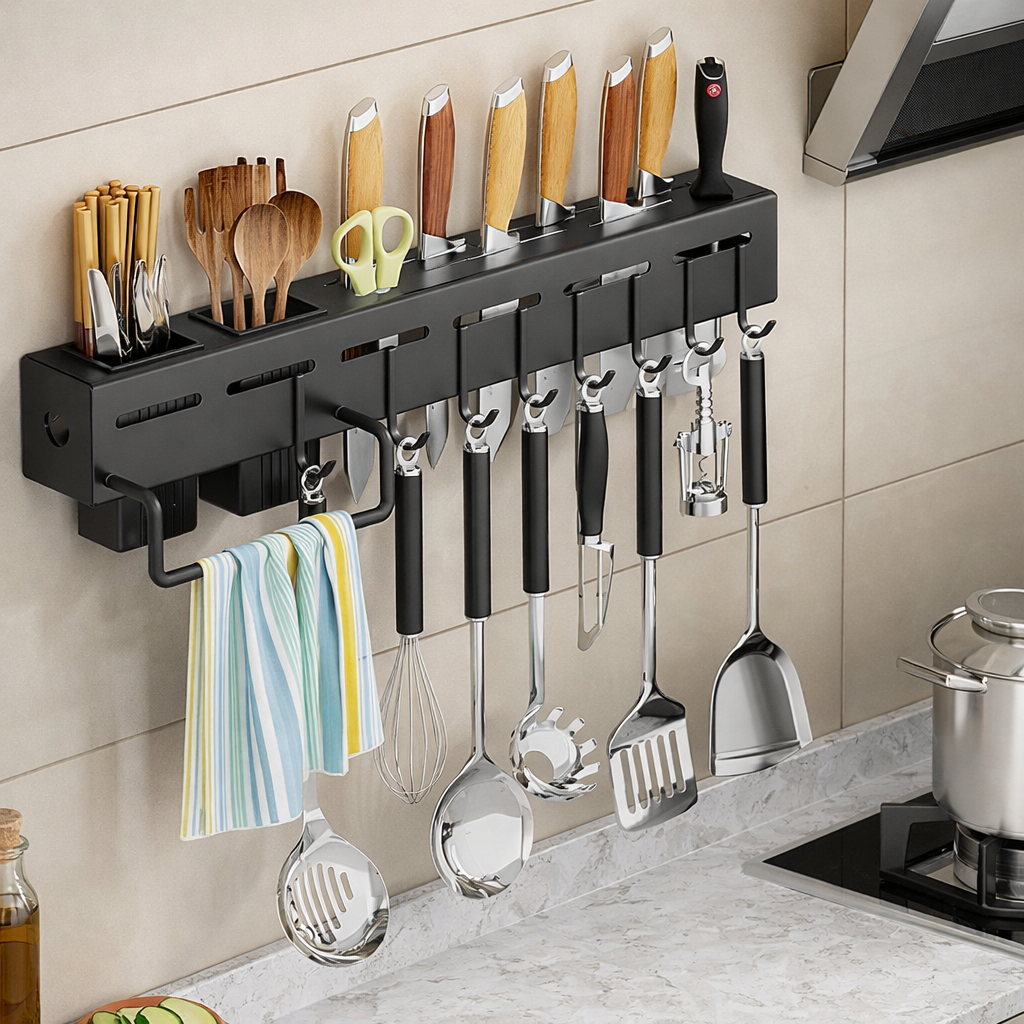 Wall Mounted Kitchen Knife Holder & Utensil Organizer Rack with Hooks