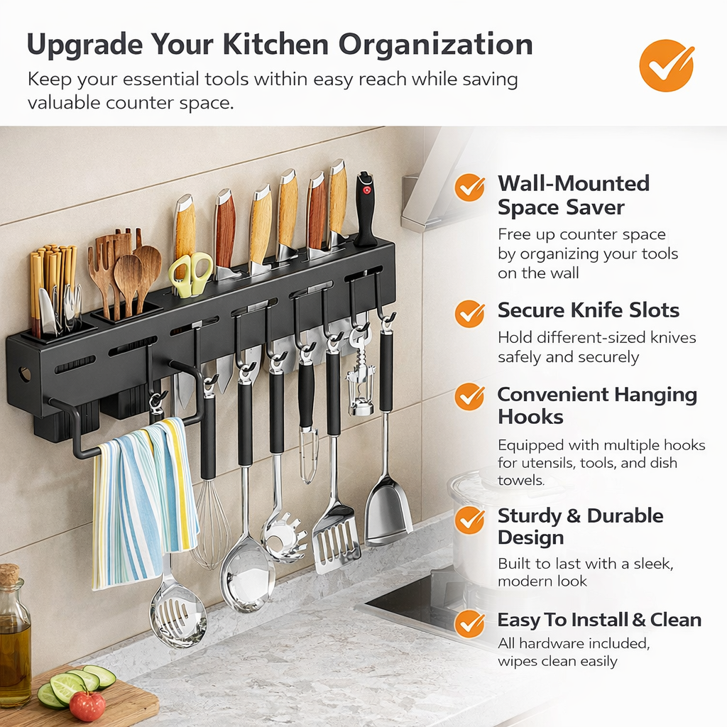 Wall Mounted Kitchen Knife Holder & Utensil Organizer Rack with Hooks