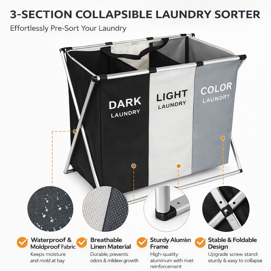 3 Section Collapsible Laundry Basket Sorter with Foldable Frame