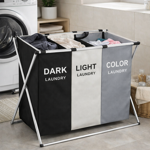 3 Section Collapsible Laundry Basket Sorter with Foldable Frame