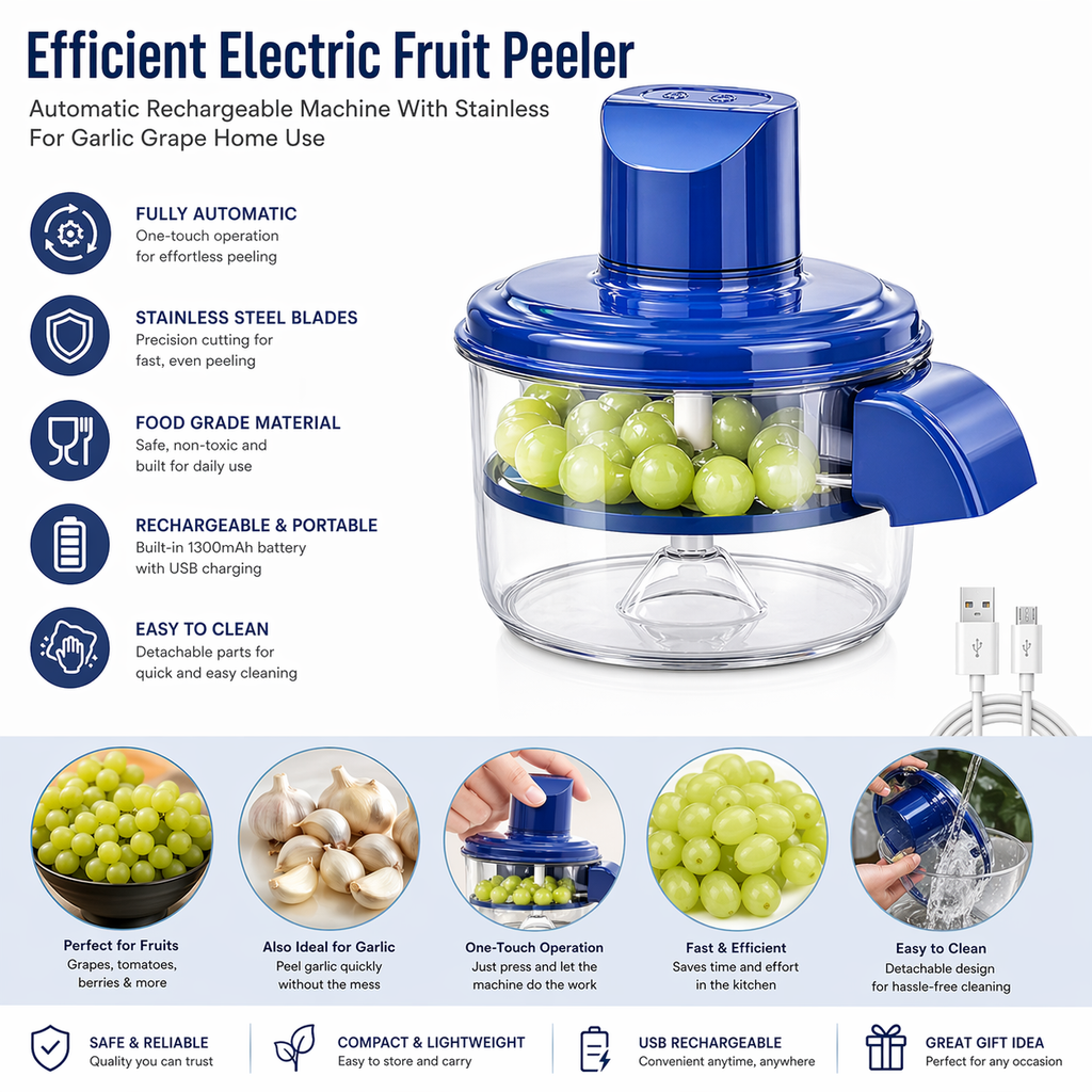 Electric Fruit Peeler & Garlic Chopper – Automatic Rechargeable Kitchen Tool with Stainless Steel Blades