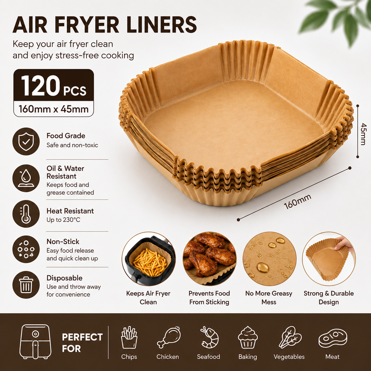 Air Fryer Paper Liners – 120 Pack | 160mm x 45mm