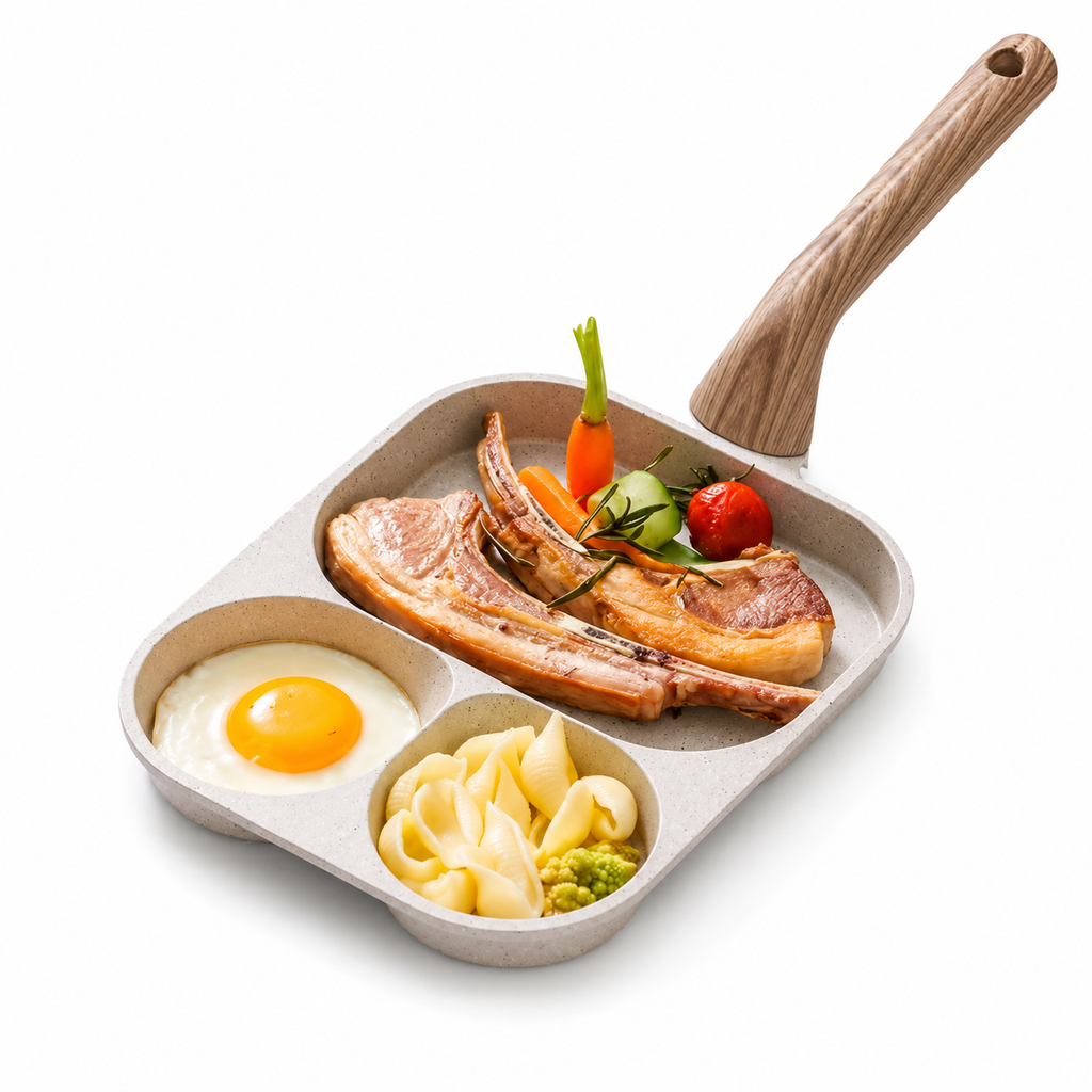 3-Compartment Frying Pan with Wooden-Style Handle