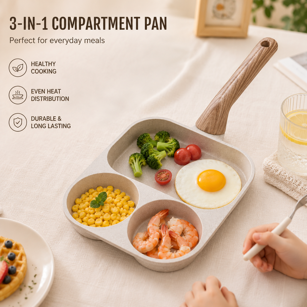 3-Compartment Frying Pan with Wooden-Style Handle