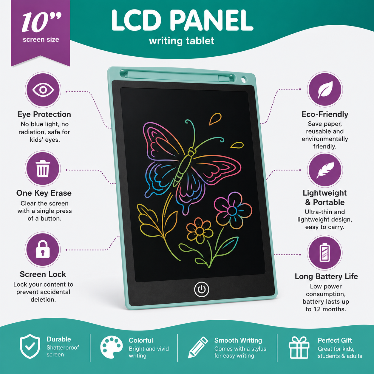 10-Inch LCD Writing Tablet for Kids & Adults – Reusable Digital Drawing Pad