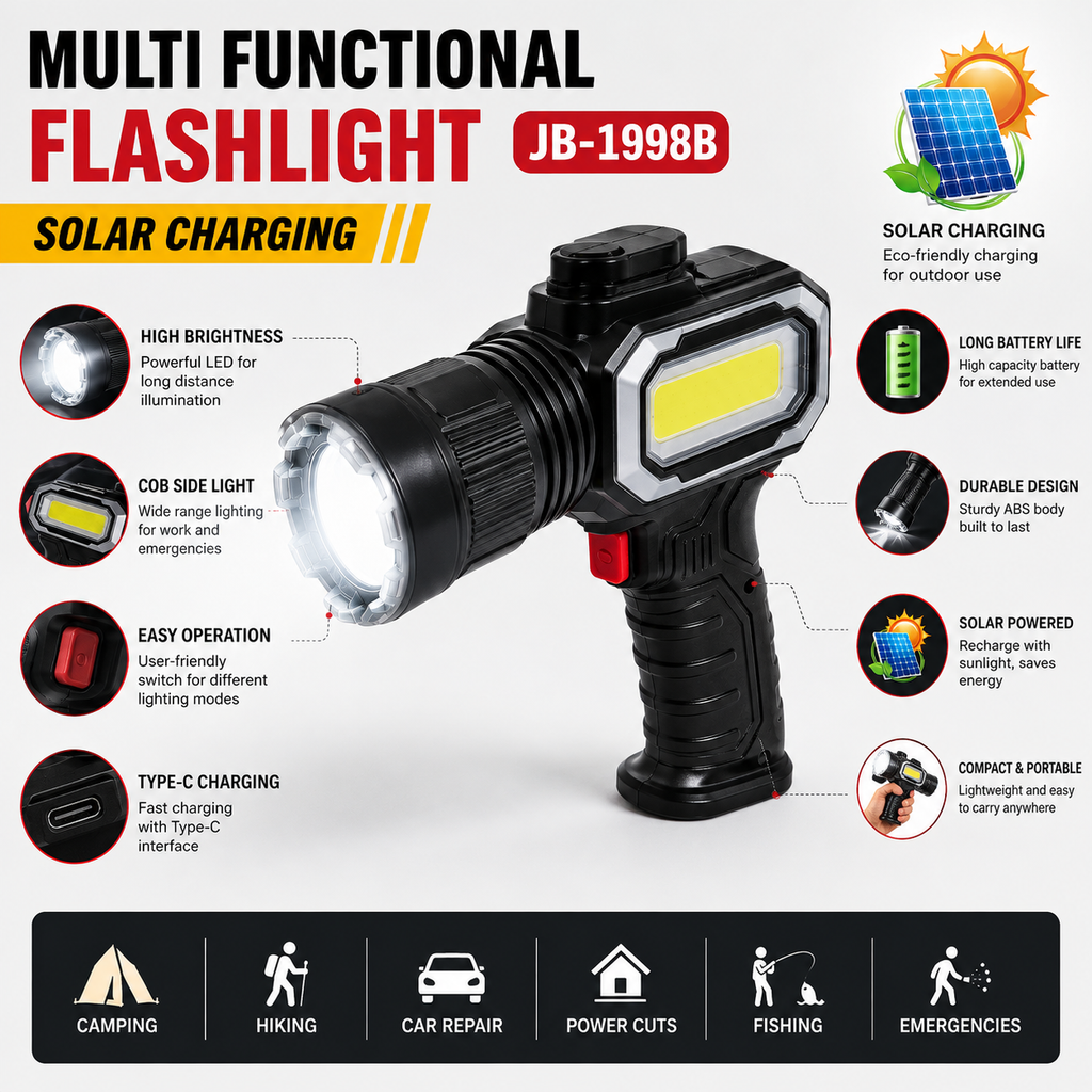 JB-1998B Multifunctional Flashlight – Solar & Type-C Rechargeable LED Torch