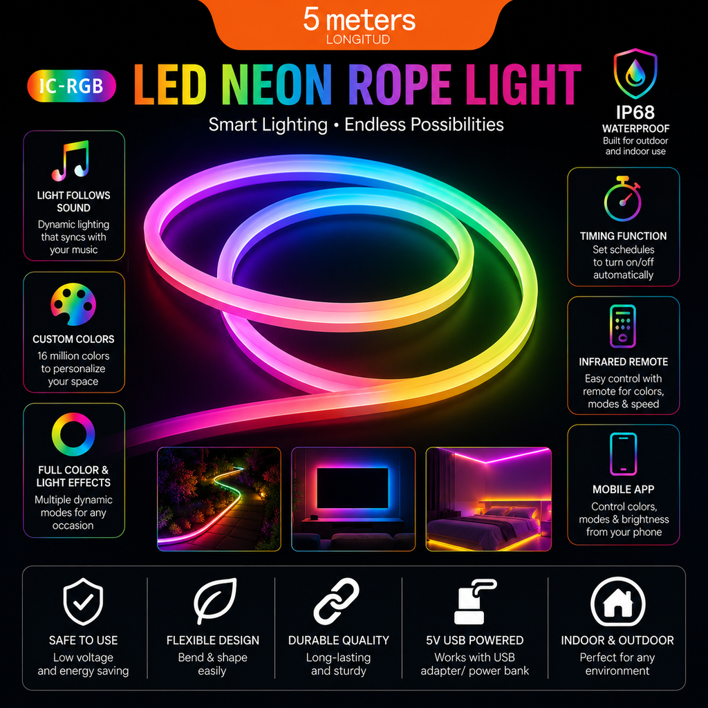 5M IC-RGB LED Neon Rope Light – App & Remote Controlled RGB Strip