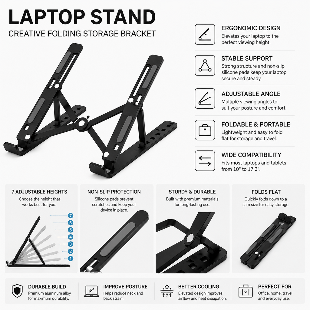 Adjustable Foldable Laptop Stand – Portable Ergonomic Laptop & Tablet Holder