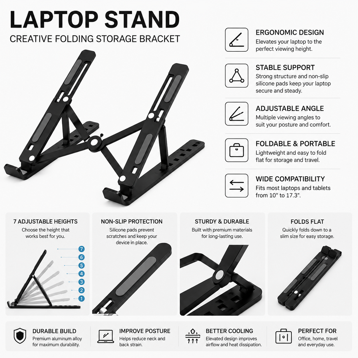 Adjustable Foldable Laptop Stand – Portable Ergonomic Laptop & Tablet Holder