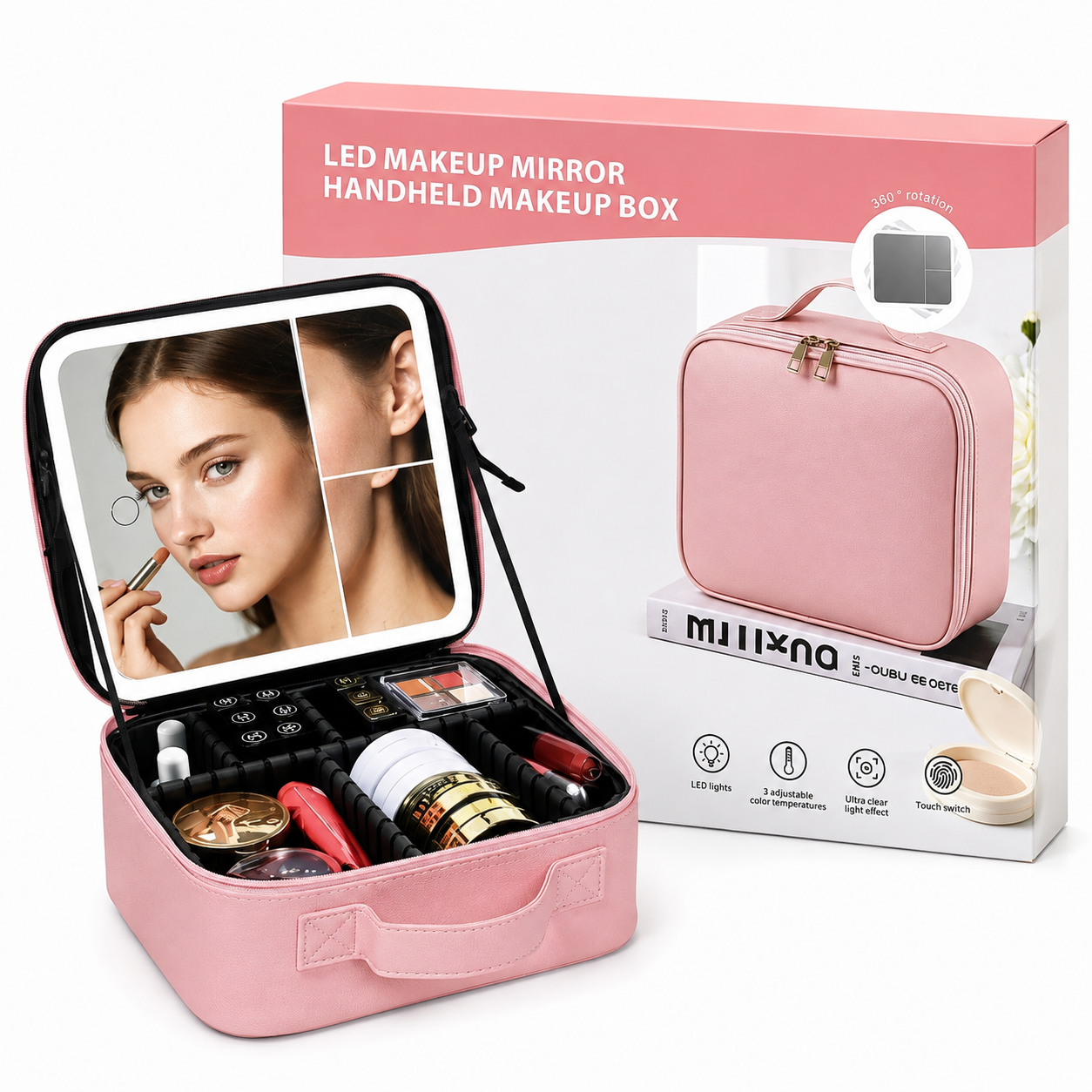 LED Makeup Mirror Travel Case – Portable Makeup Organizer with Adjustable Dividers