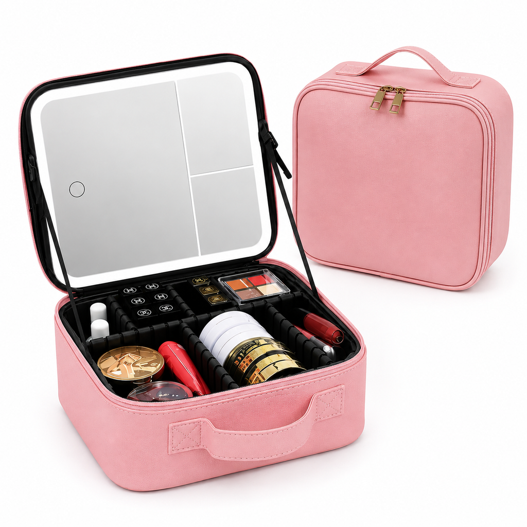 LED Makeup Mirror Travel Case – Portable Makeup Organizer with Adjustable Dividers