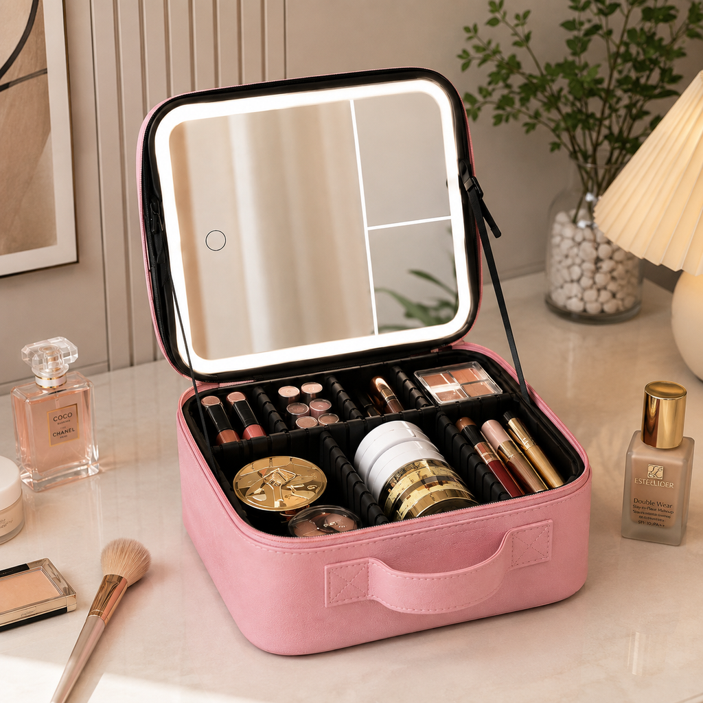 LED Makeup Mirror Travel Case – Portable Makeup Organizer with Adjustable Dividers
