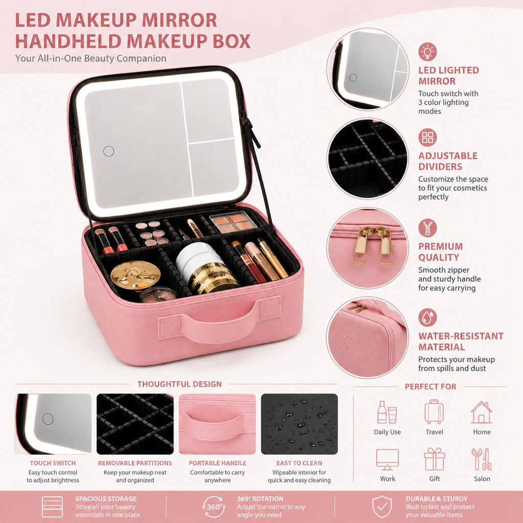 LED Makeup Mirror Travel Case – Portable Makeup Organizer with Adjustable Dividers