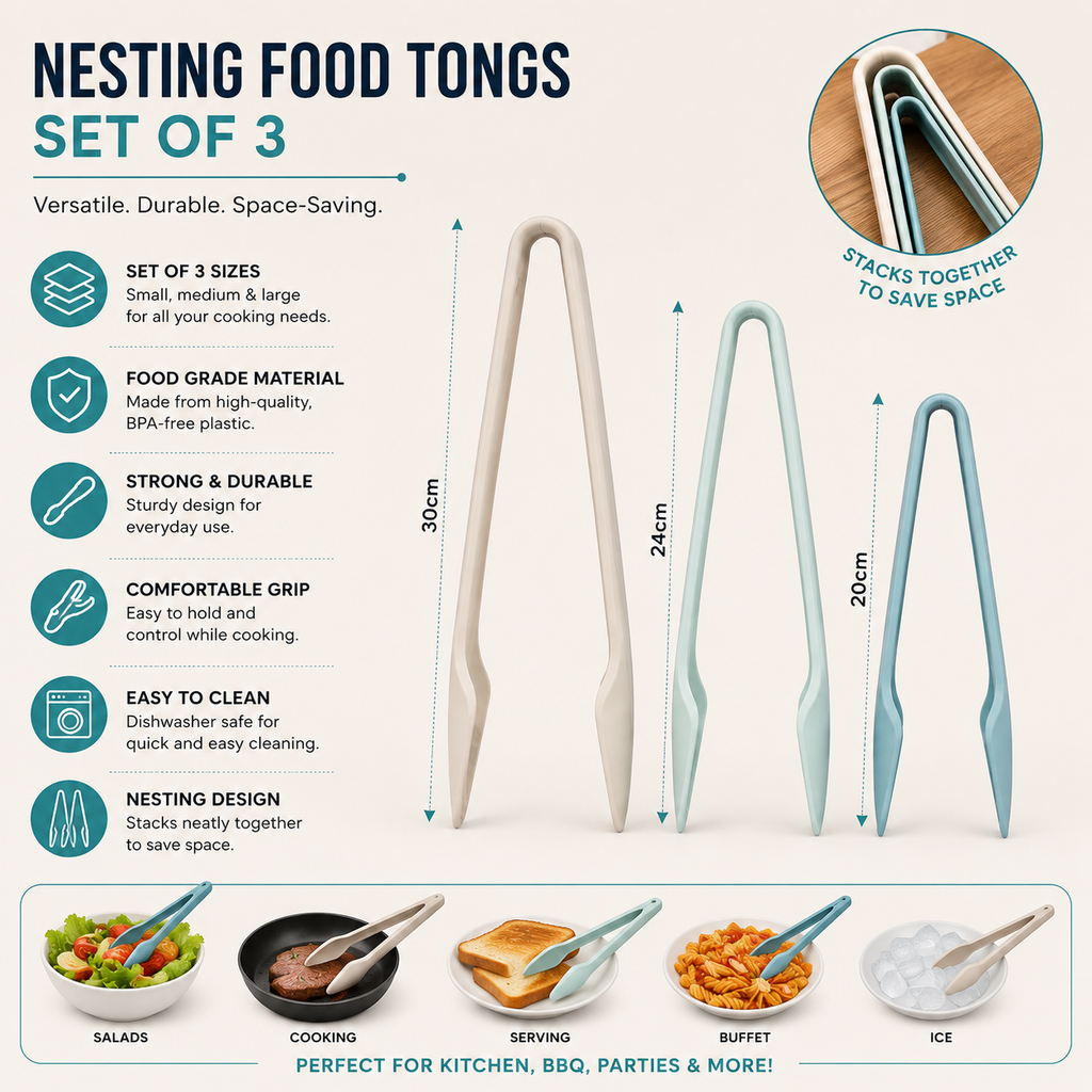 3-Piece Nesting Food Tongs Set – Kitchen Serving & Cooking Tongs