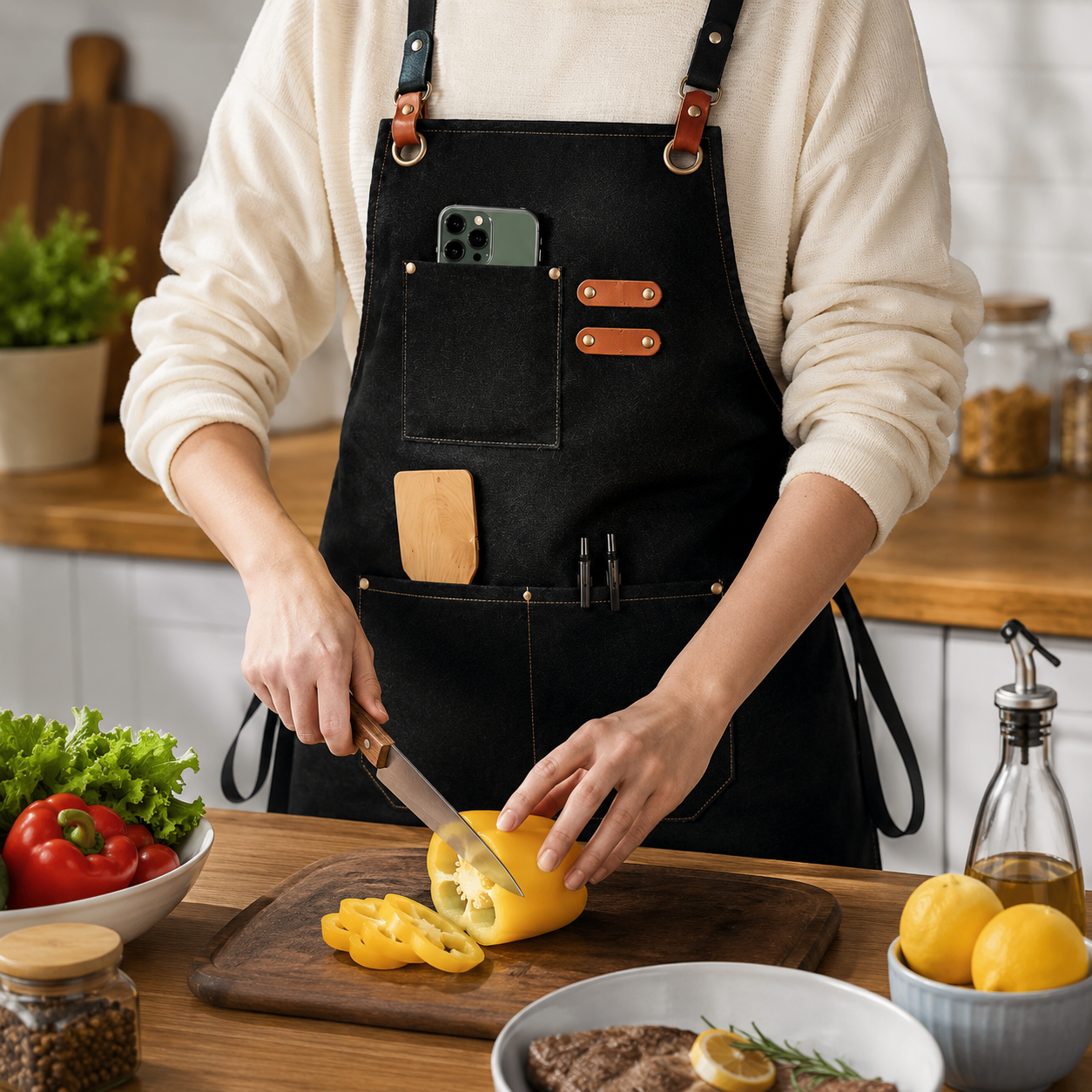 Multi-Pocket Fabric Apron – Adjustable Kitchen, Gardening & Craft Apron