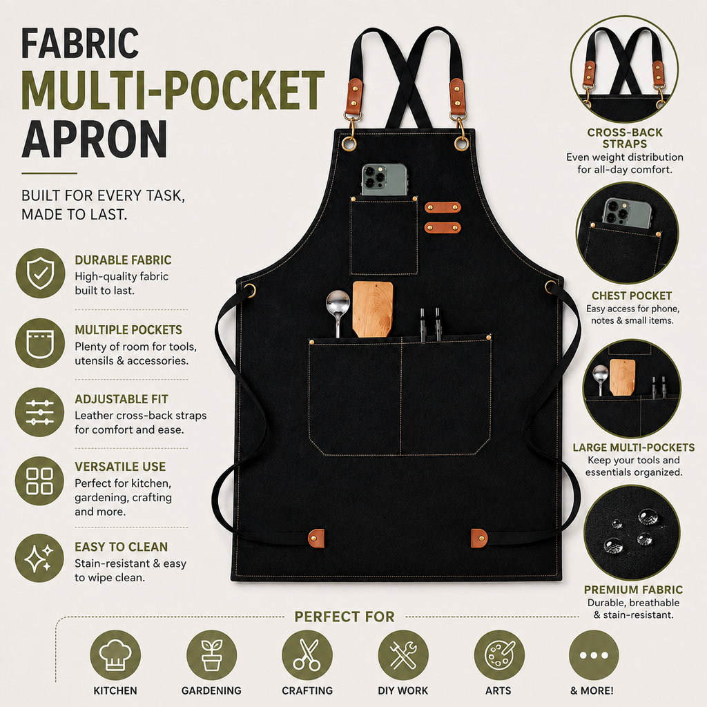 Multi-Pocket Fabric Apron – Adjustable Kitchen, Gardening & Craft Apron
