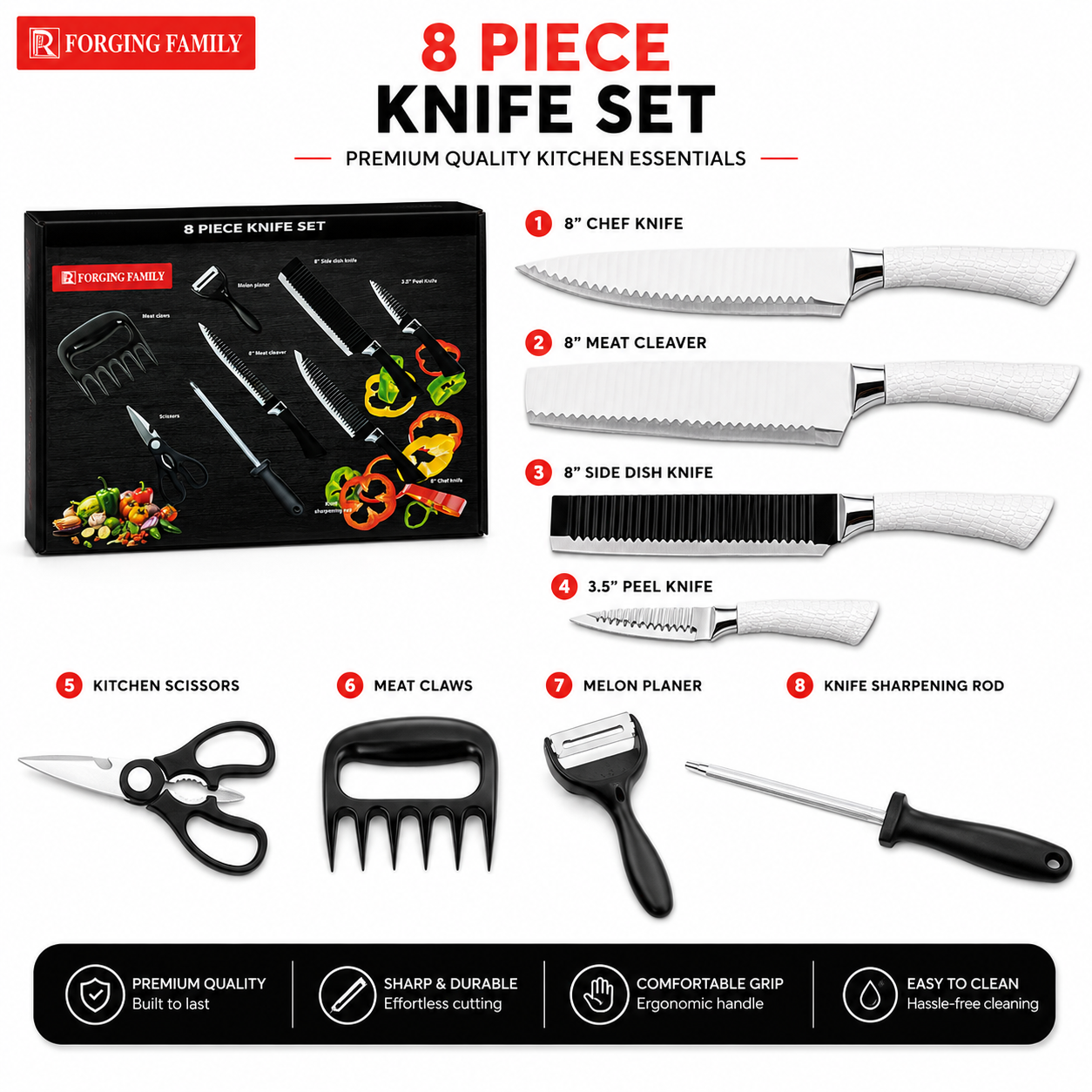 8-Piece Kitchen Knife Set – Knives, Scissors, Peeler & Sharpening Rod