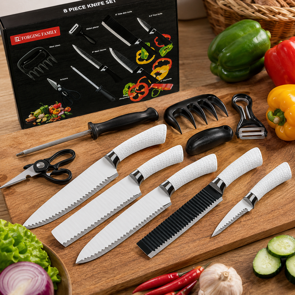 8-Piece Kitchen Knife Set – Knives, Scissors, Peeler & Sharpening Rod