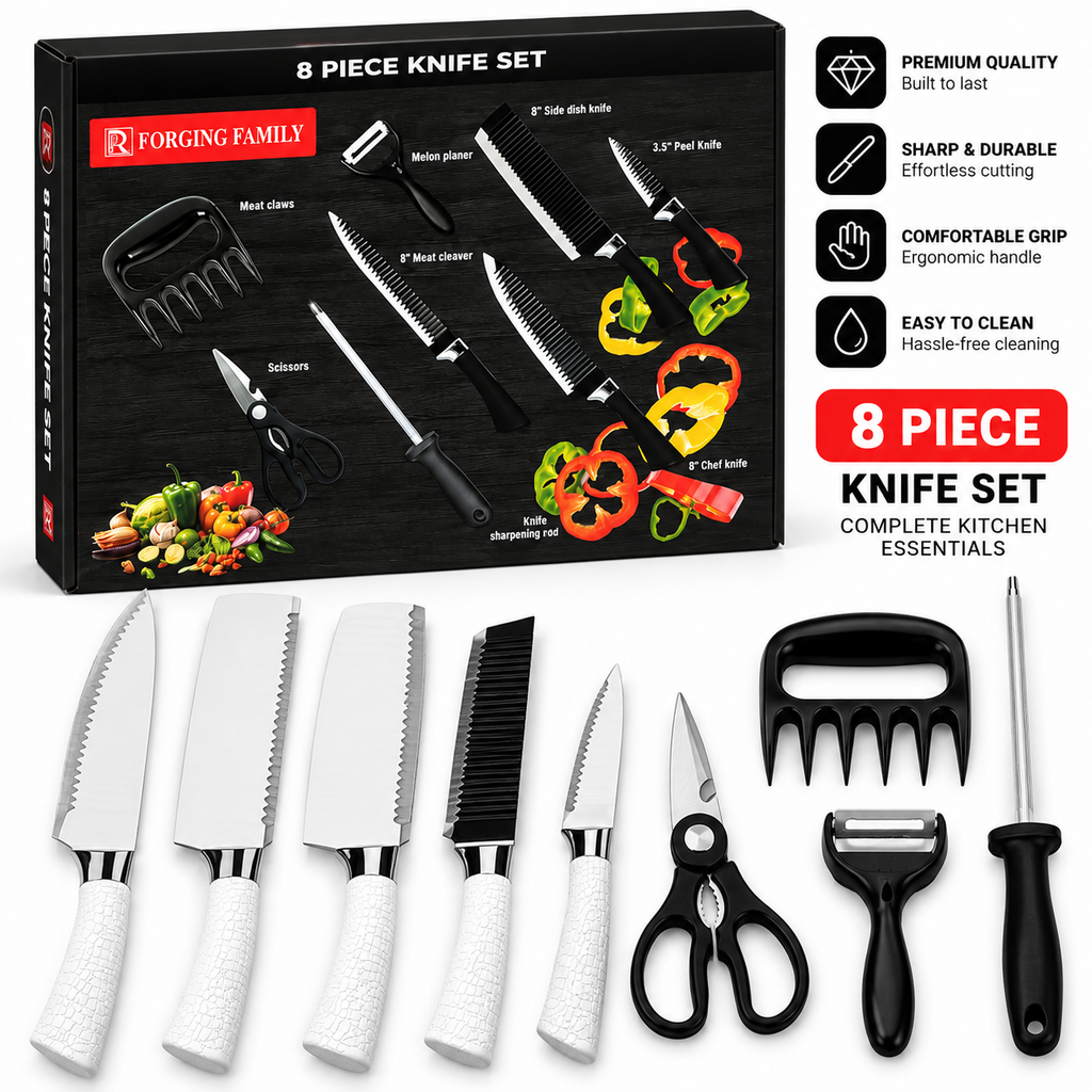 8-Piece Kitchen Knife Set – Knives, Scissors, Peeler & Sharpening Rod