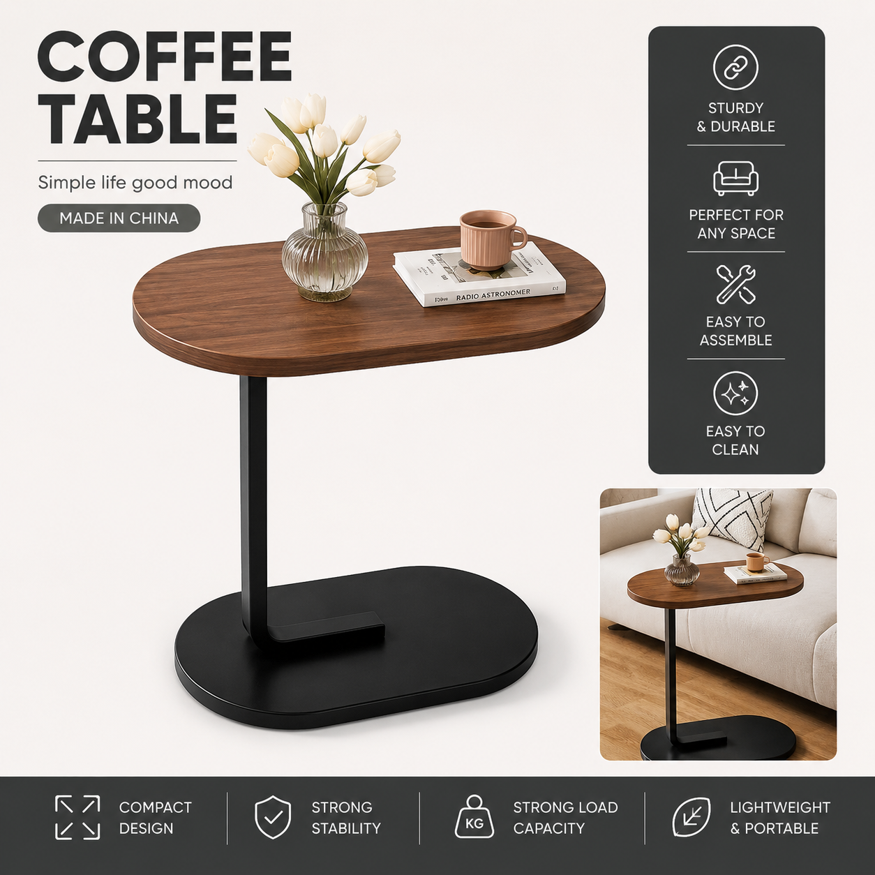 Modern C-Shaped Side Table – Oval Wooden Top & Black Metal Base