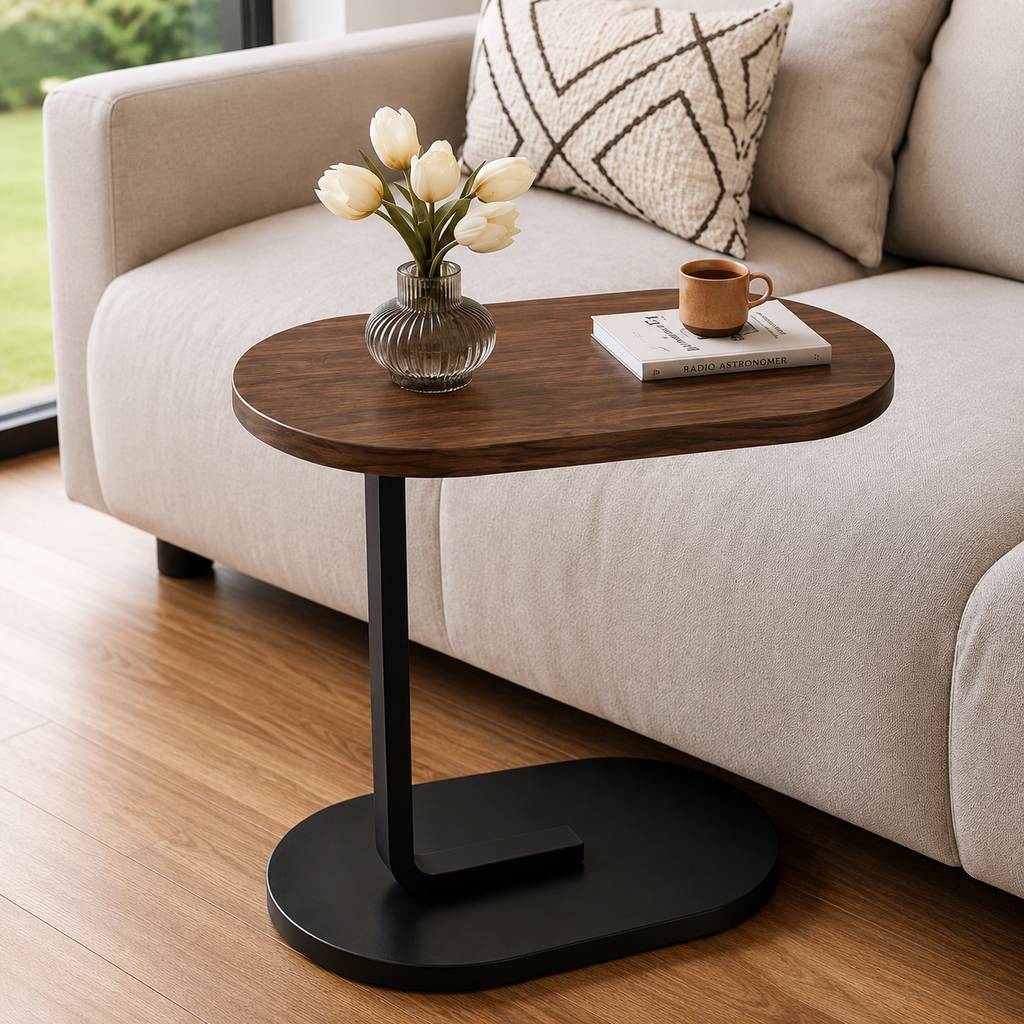 Modern C-Shaped Side Table – Oval Wooden Top & Black Metal Base
