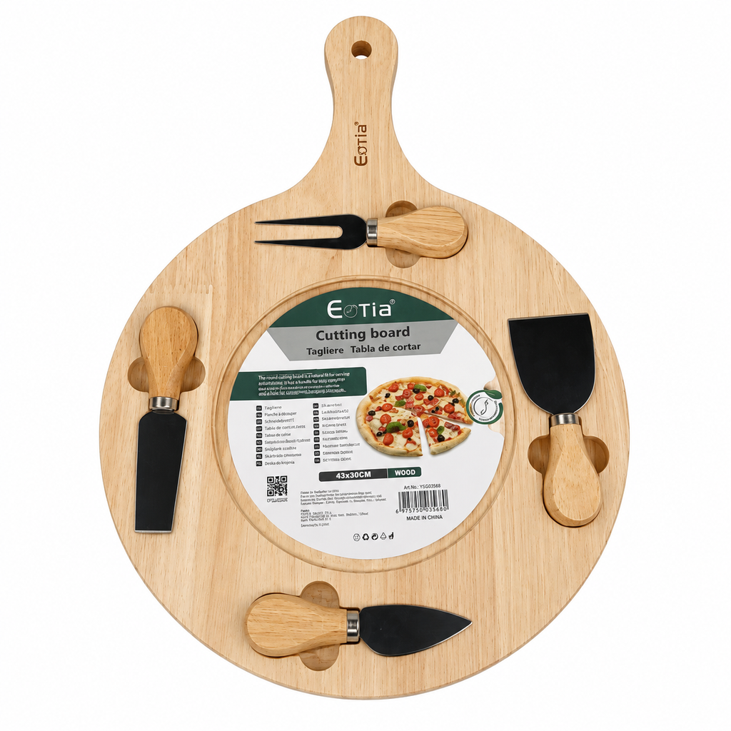 EOTIA Round Wooden Cutting Board with 4 Cheese Serving Tools – 43 x 30cm