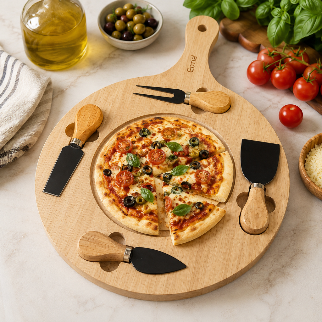 EOTIA Round Wooden Cutting Board with 4 Cheese Serving Tools – 43 x 30cm