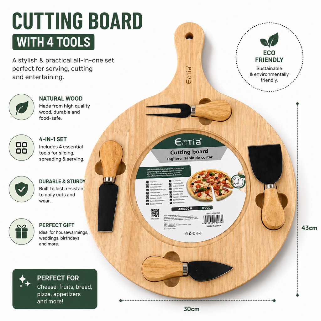 EOTIA Round Wooden Cutting Board with 4 Cheese Serving Tools – 43 x 30cm