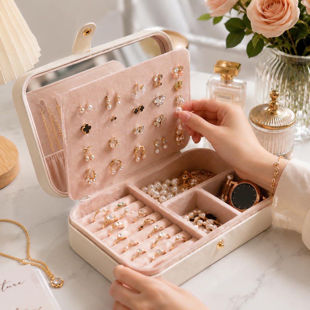 Portable Travel Jewelry Organizer Box with Mirror – 16 x 11 x 5cm