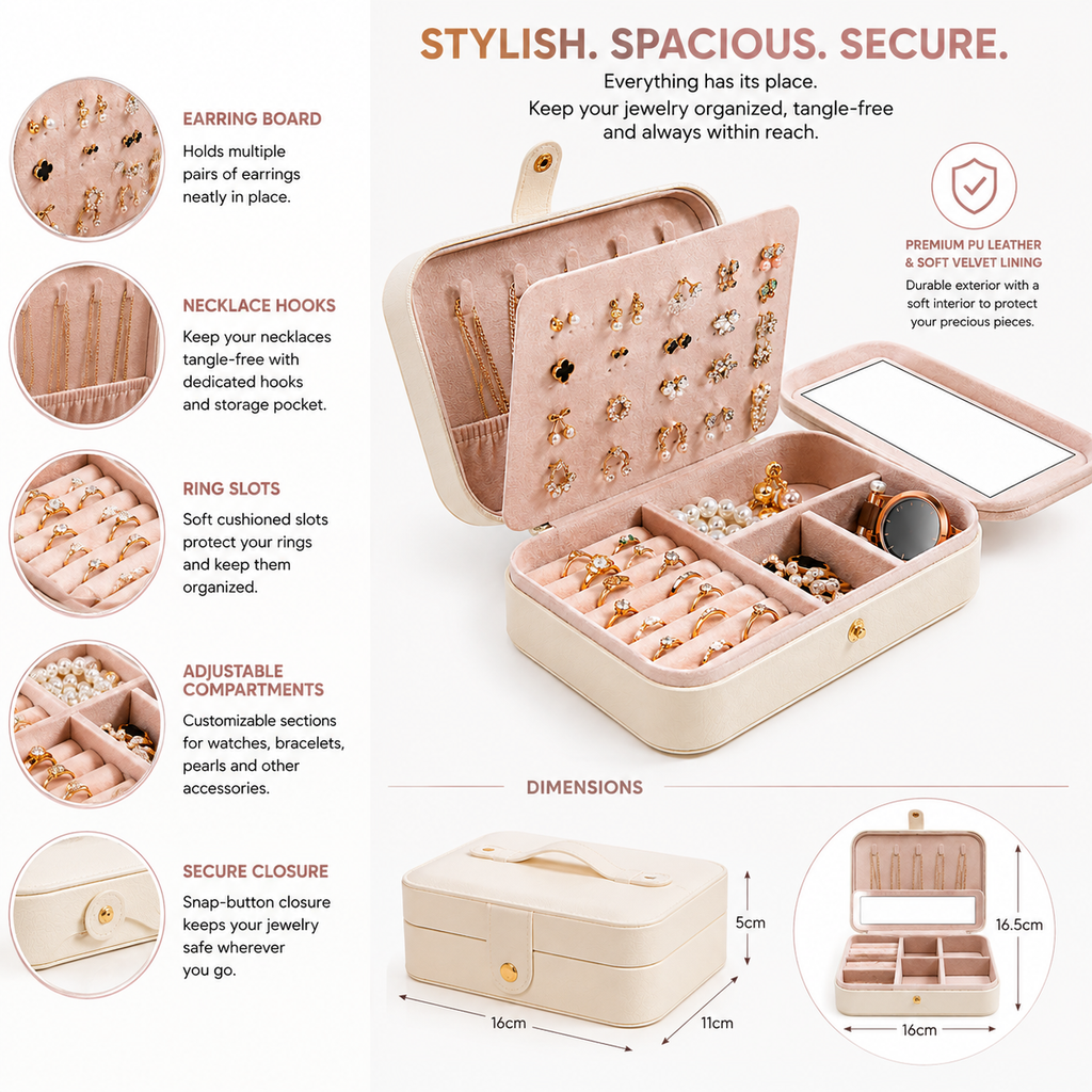 Portable Travel Jewelry Organizer Box with Mirror – 16 x 11 x 5cm