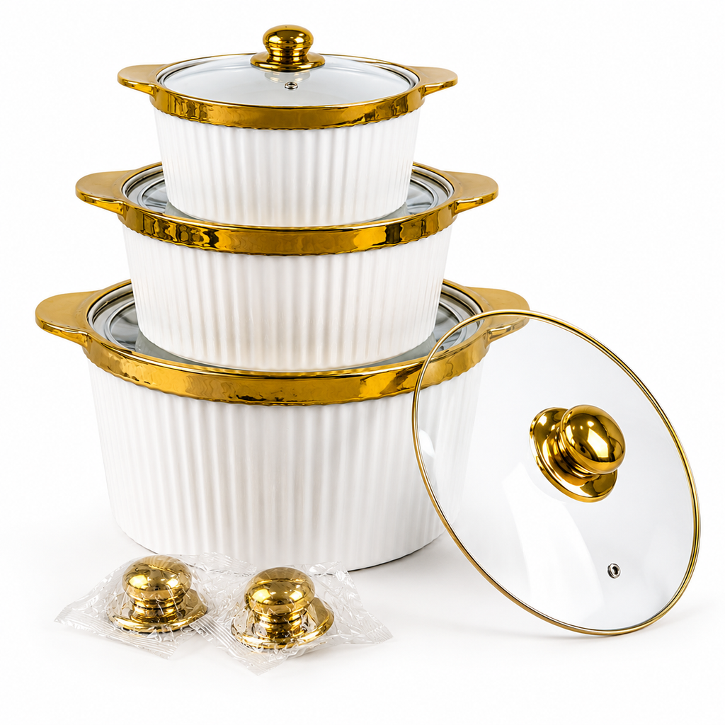 3 Piece White Ceramic Casserole Pot Set with Glass Lids & Gold Handles (7", 8", 9")