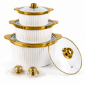 3 Piece White Ceramic Casserole Pot Set with Glass Lids & Gold Handles (7", 8", 9")
