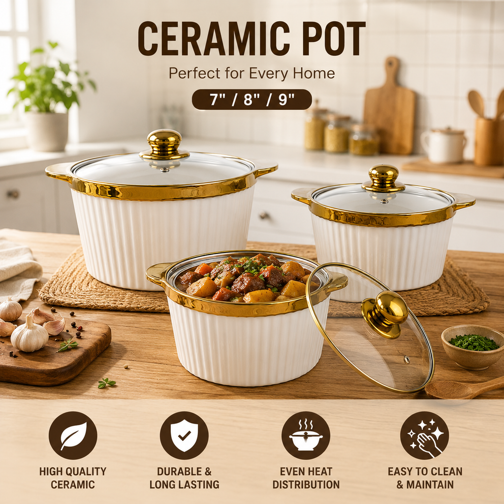 3 Piece White Ceramic Casserole Pot Set with Glass Lids & Gold Handles (7", 8", 9")