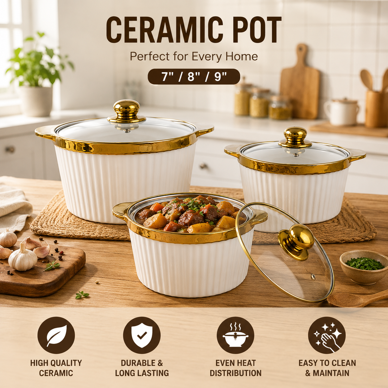 3 Piece White Ceramic Casserole Pot Set with Glass Lids & Gold Handles (7", 8", 9")