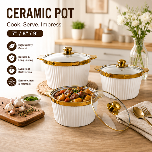 3 Piece White Ceramic Casserole Pot Set with Glass Lids & Gold Handles (7", 8", 9")
