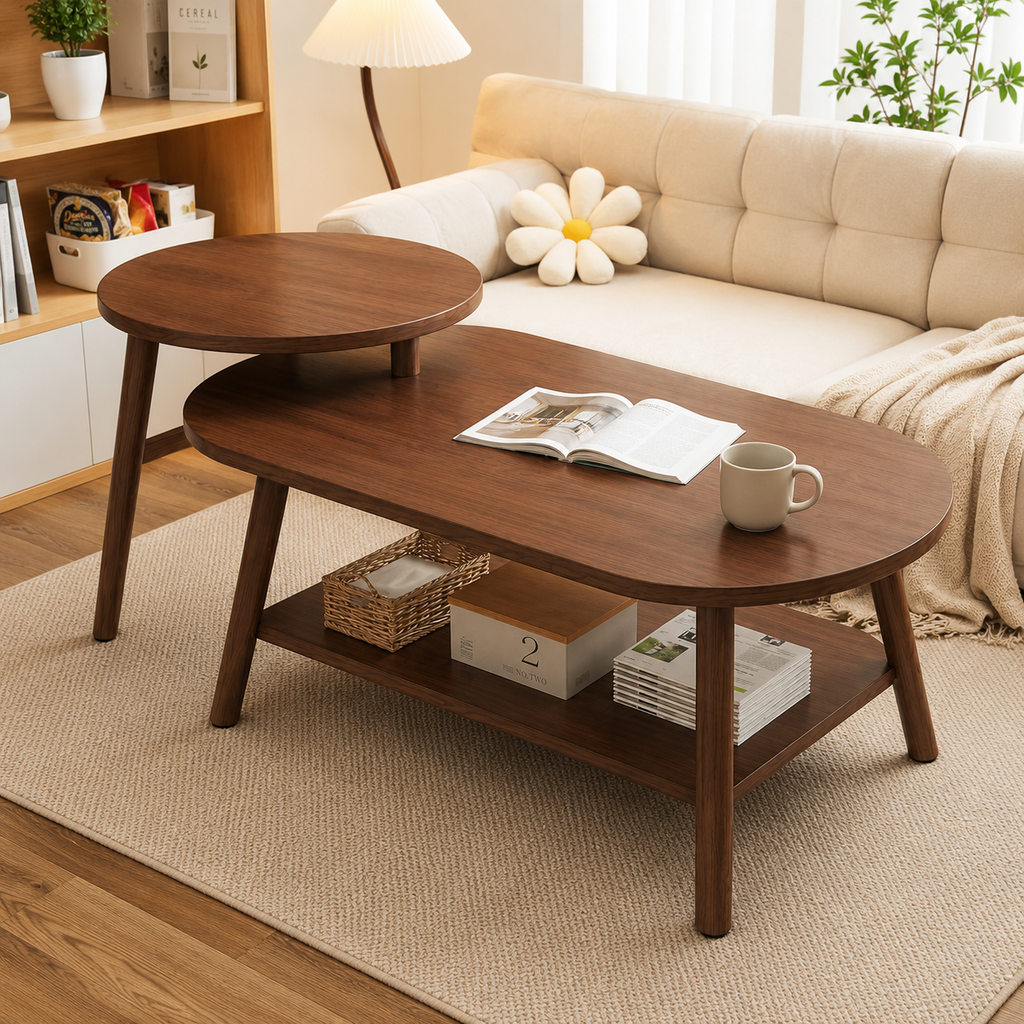 Modern 2-Tier Wooden Coffee Table with Storage Shelf