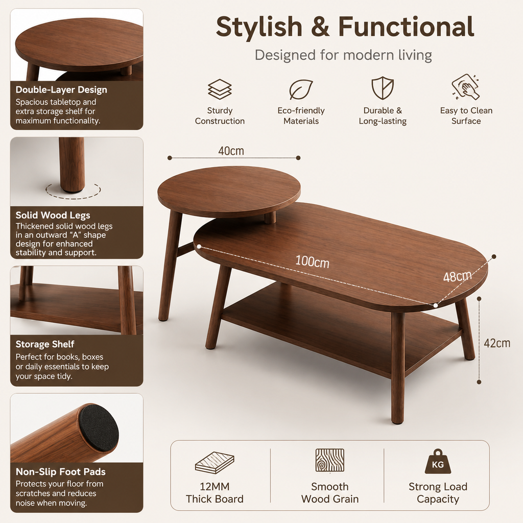 Modern 2-Tier Wooden Coffee Table with Storage Shelf