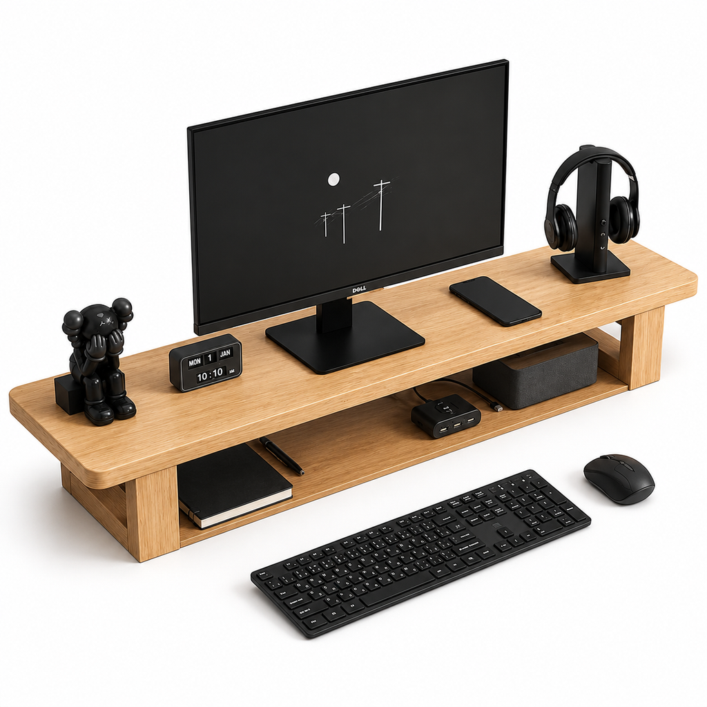 Solid Wood Monitor Stand with Storage Shelf