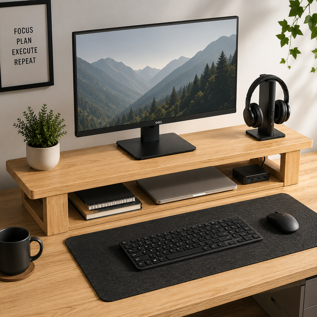 Solid Wood Monitor Stand with Storage Shelf