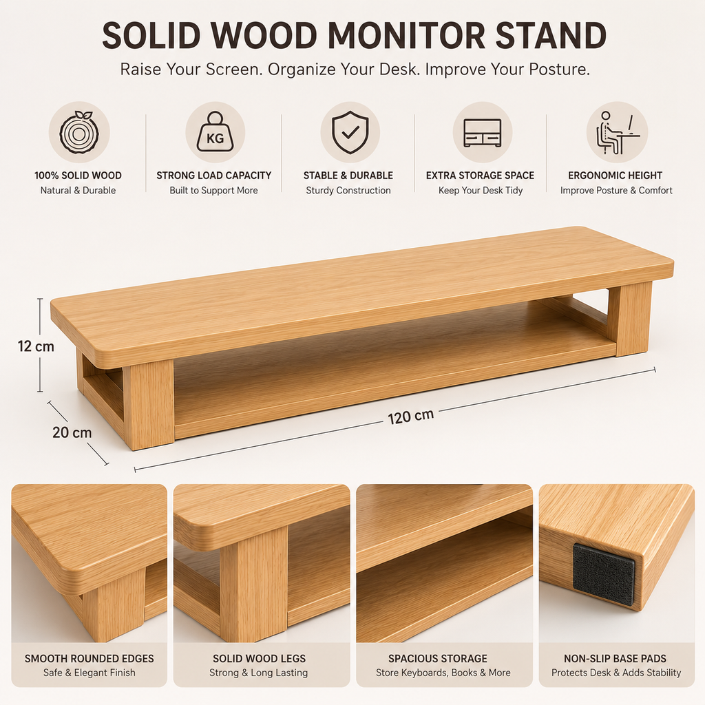 Solid Wood Monitor Stand with Storage Shelf