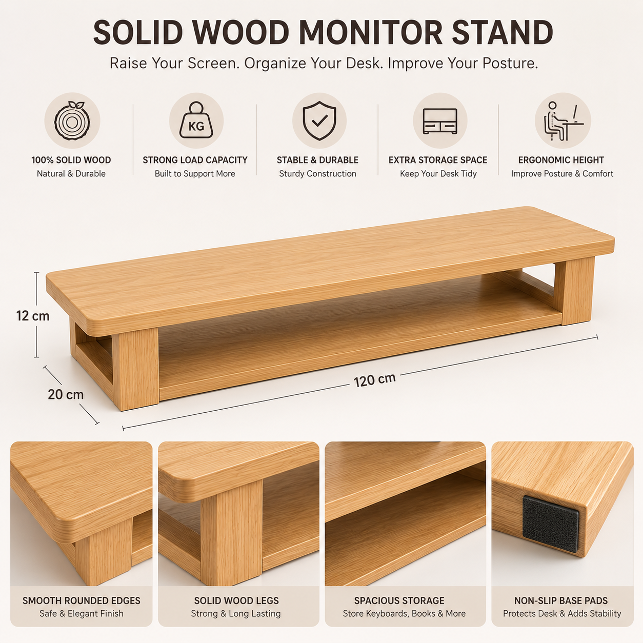 Solid Wood Monitor Stand with Storage Shelf