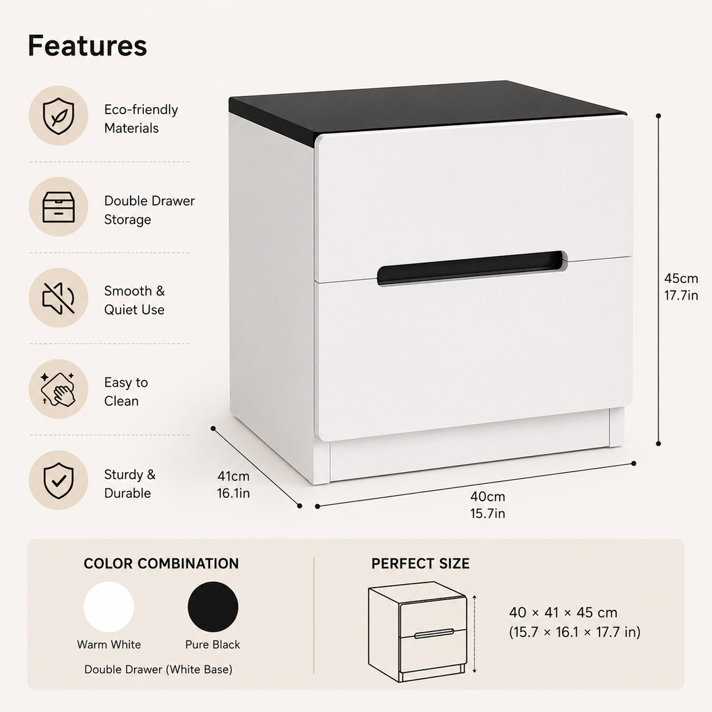 Modern 2 Drawer Bedside Table – White & Black