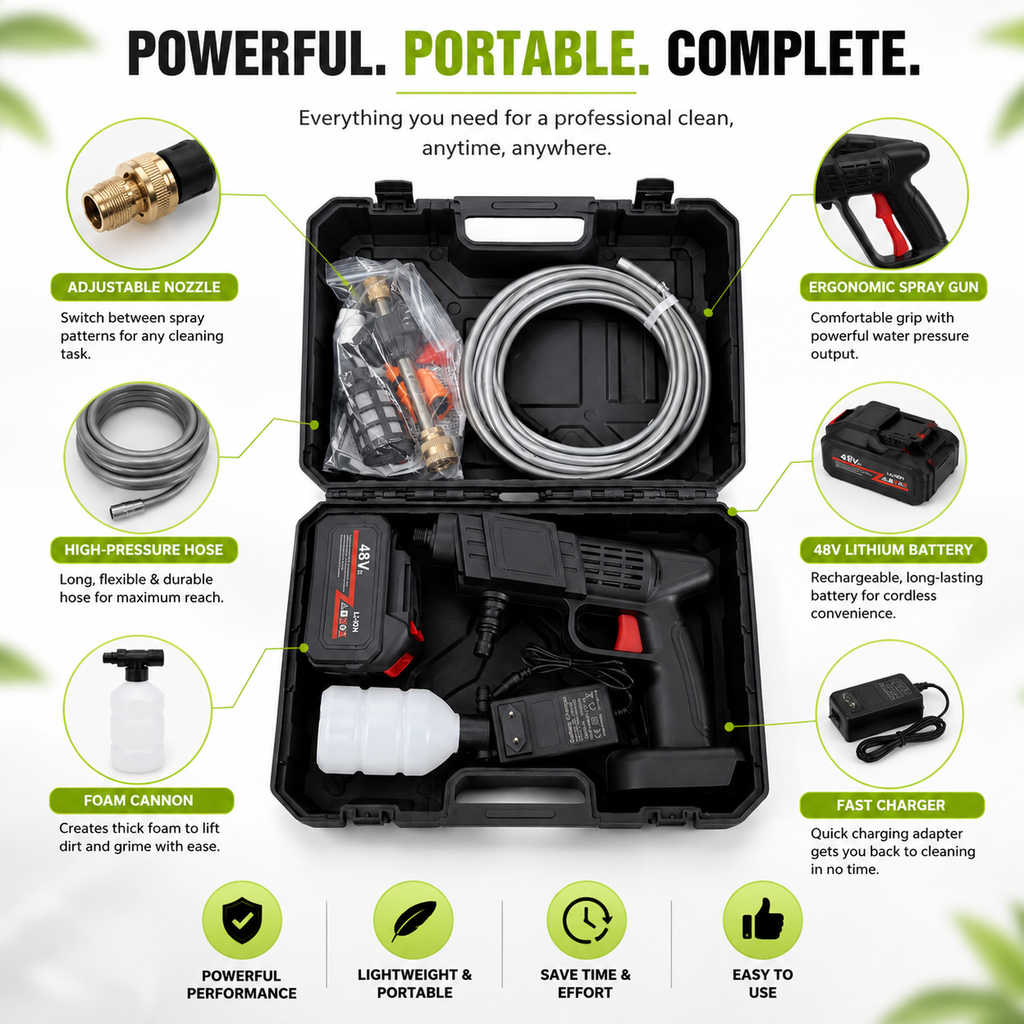 48V Cordless Portable Pressure Washer Kit with Battery & Accessories