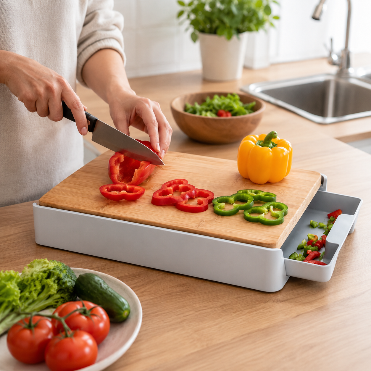 Bamboo Chopping Board with Pull-Out Drawer Tray