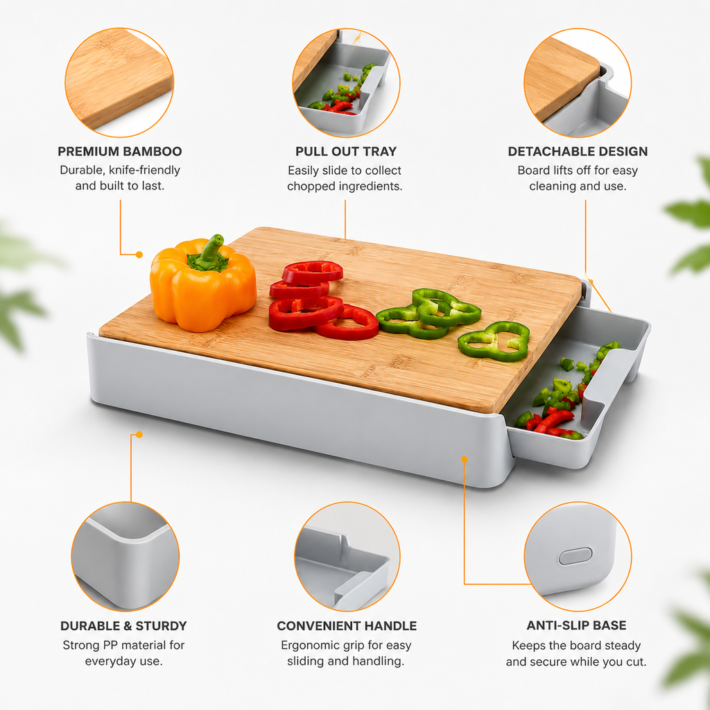 Bamboo Chopping Board with Pull-Out Drawer Tray