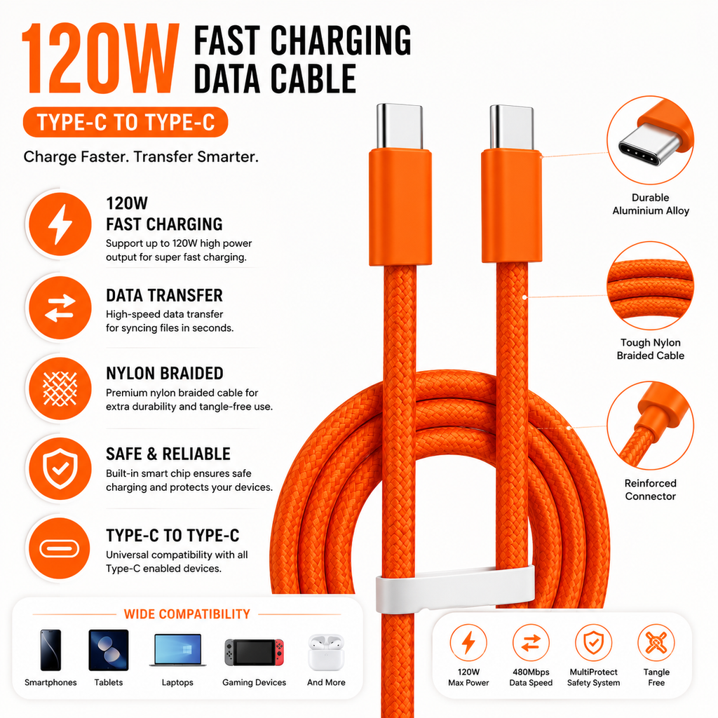 120W USB-C to USB-C Fast Charging Cable