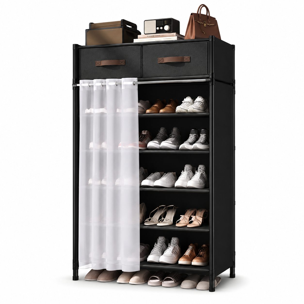 Modern Shoe Storage Rack with Drawers & Curtain Organizer